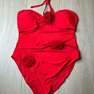 Red roses cutout strapless sexy swimsuit beach pool one piece swim